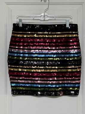 NWOT Express Black Sequin Mini Skirt with Multicolor Stripes